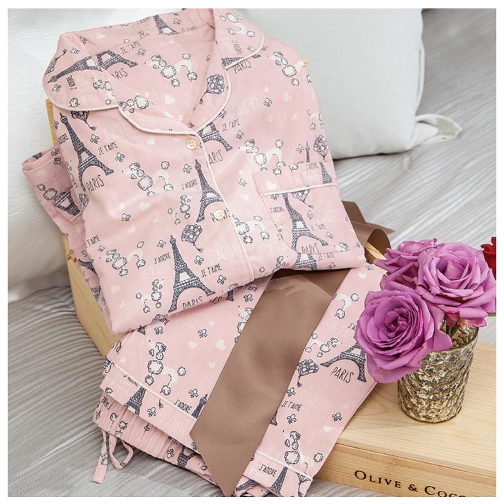 “Breakfast in Paris” Girls/Tween Flannel bundle pj set w/Anthropologie headband